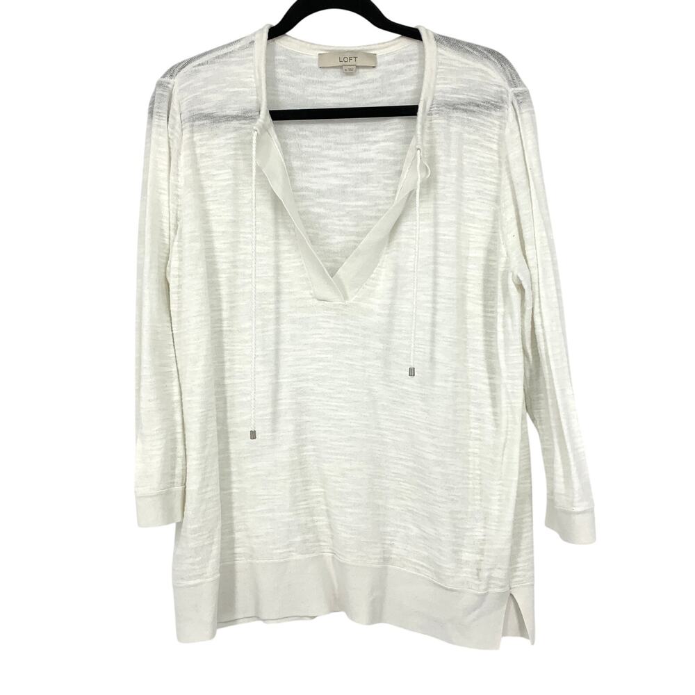 LOFT 3/4 Sleeve Split Tie Neck Slub Knit Sweater Womens Sz XL White